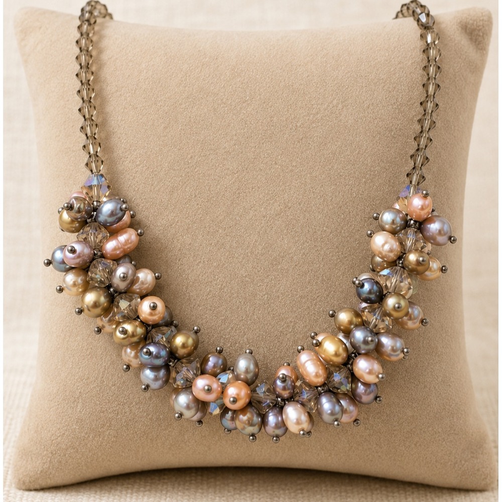 Vintage Freshwater Pearl Cluster Necklace Smoky Crystal Pink Gray Baroque Bib